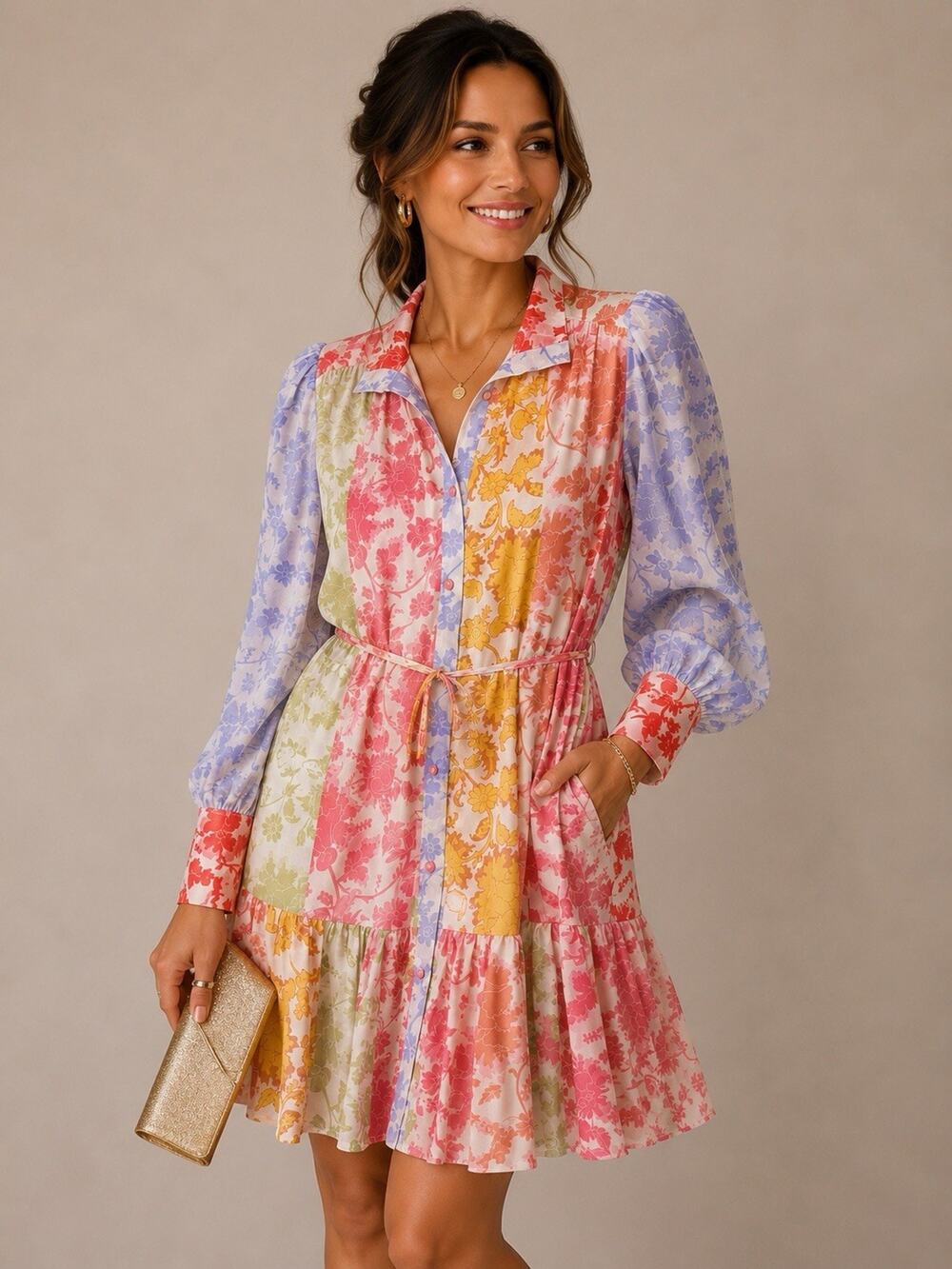 INA Floral Patchwork Mini Dress Size S Puff Sleeve Belted Cottagecore Boho Chic